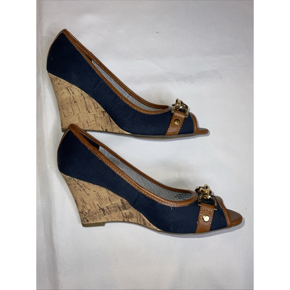 Tommy Hilfiger Tawnisha Peep Toe Horsebit Cork Wedge Heel Sz 6.5 Preppy Nautical - Picture 8 of 8